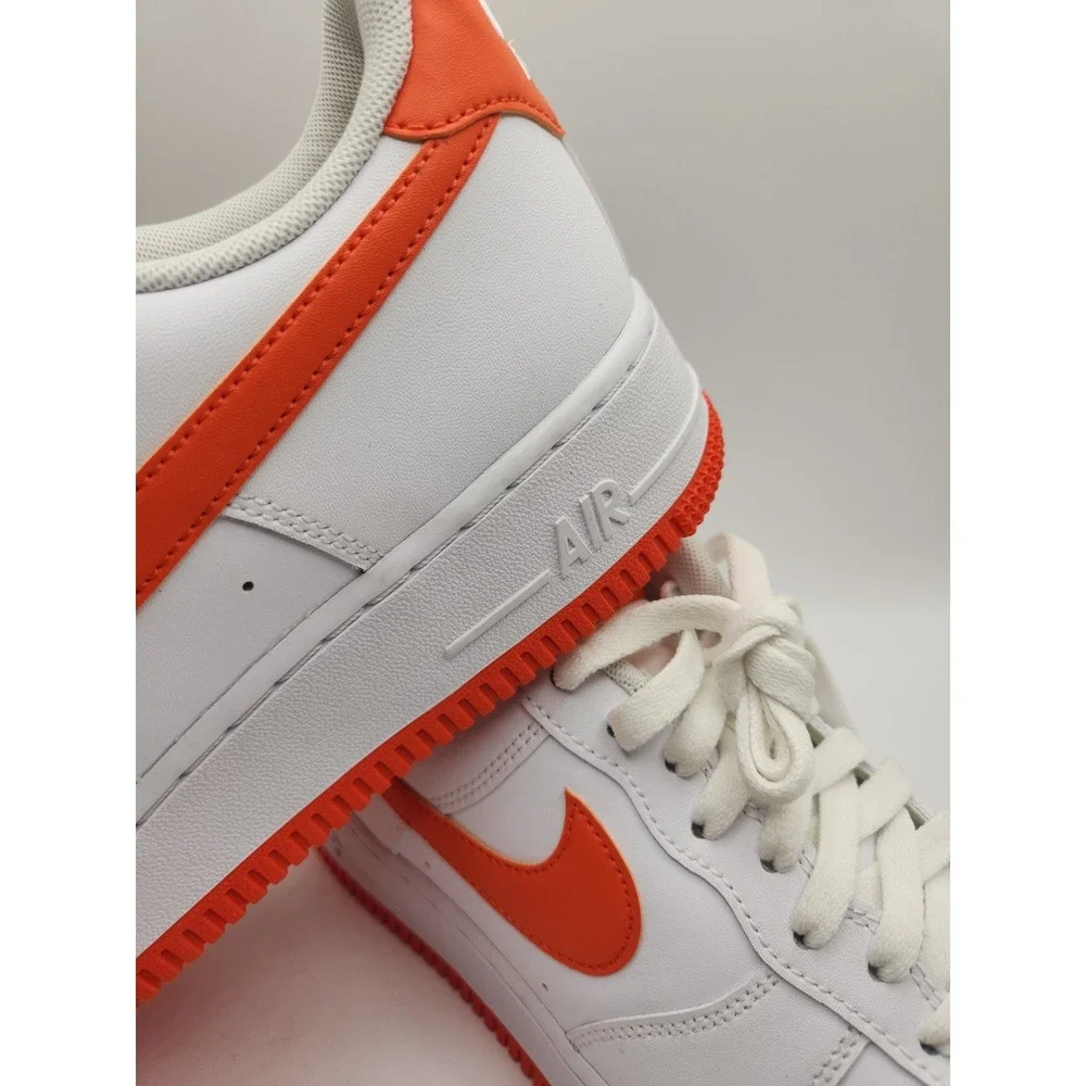 Nike Air Force 1 Low Top Men's Sneaker White/Orange Leather Lace-Up Rubber 9 1/2